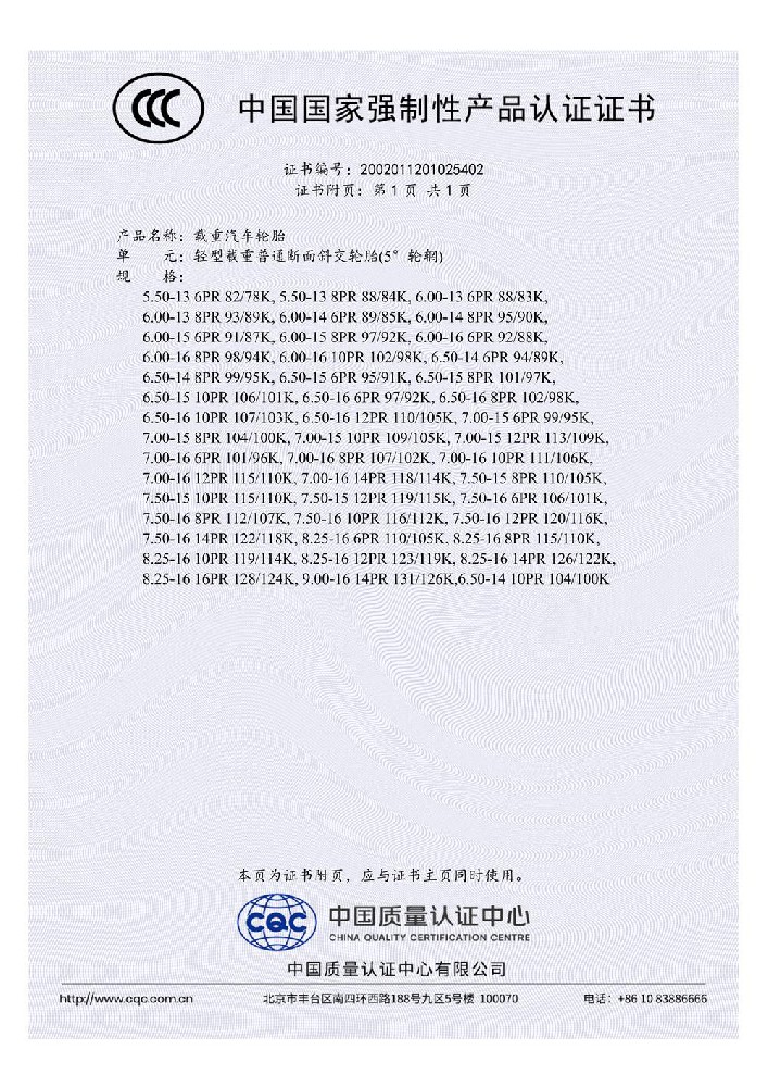 2002011201025402 Certificate of Light duty Ordinary Cross section Diagonal Tire - Chinese Version 02